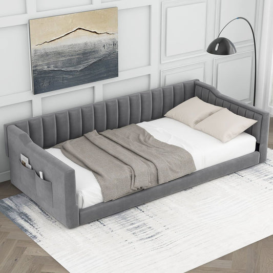 Twin XL Size Upholstery Daybed and Side Storage pocket,Gray