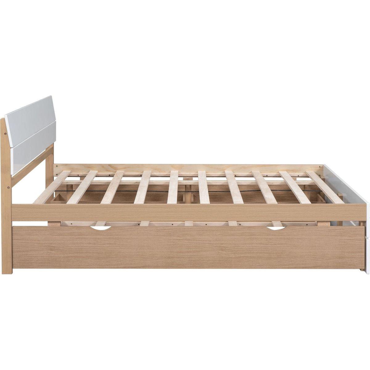 Modern Full Bed Frame With Twin Size Trundle And 2 Drawers For White High Gloss With Light Oak Color