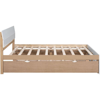 Modern Full Bed Frame With Twin Size Trundle And 2 Drawers For White High Gloss With Light Oak Color