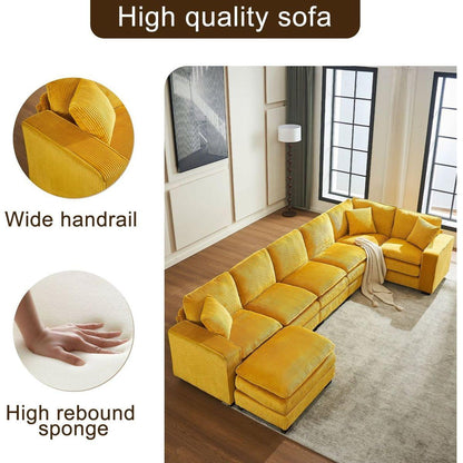 Modern U Shaped 6-seat Sectional Sofa Couch with one Ottoman and three toss pillows, Modular Sofa for Living Room,Corduroy sofa