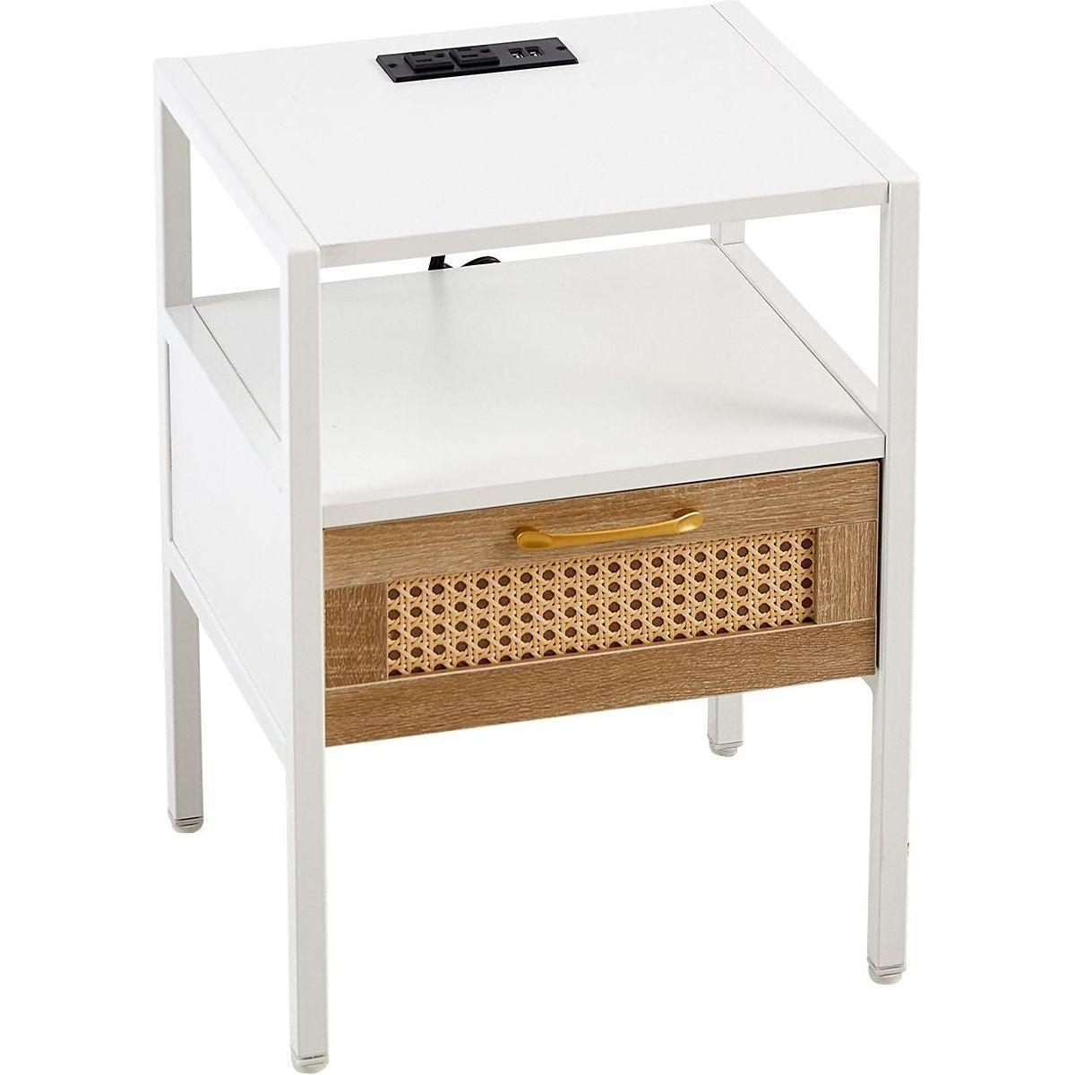 Set of 2, 15.75" Rattan End table with Power Outlet & USB Ports, Modern nightstand with drawer and metal legs, side table for living room, bedroom,white