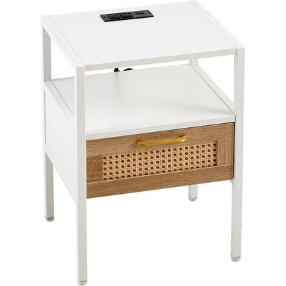 Set of 2, 15.75" Rattan End table with Power Outlet & USB Ports, Modern nightstand with drawer and metal legs, side table for living room, bedroom,white