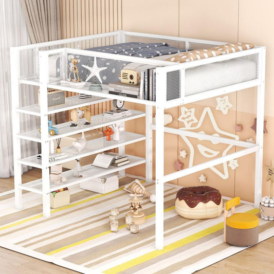 Full Size Metal Loft Bed with 4-Tier Shelves and Storage, White