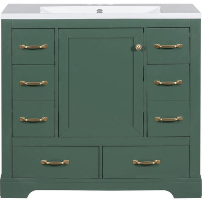 36" Bathroom Vanity with Sink Combo, Six Drawers, Multi-Functional Drawer Divider, Adjustable Shelf, Green