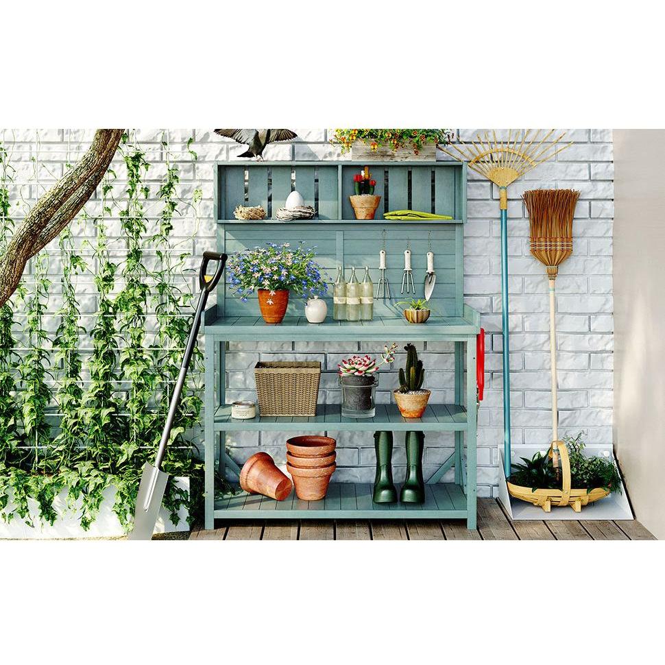 65" Large Wooden Farmhouse Rustic Outdoor Potting Bench Table, Patio Workstation, Garden Potting Bench with 4 Storage Shelves and Side Hook,Green