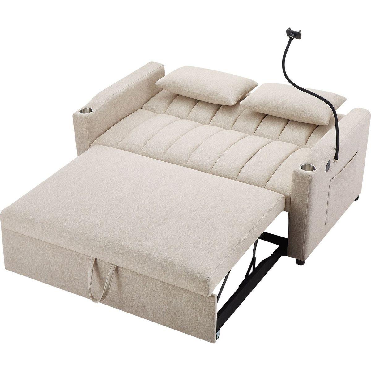 55.9" Convertible Sofa Bed Loveseat Sofa with Three USB Ports, Two Side Pockets, Two Cup Holders and 360Swivel Phone Holder for Living Room, Beige