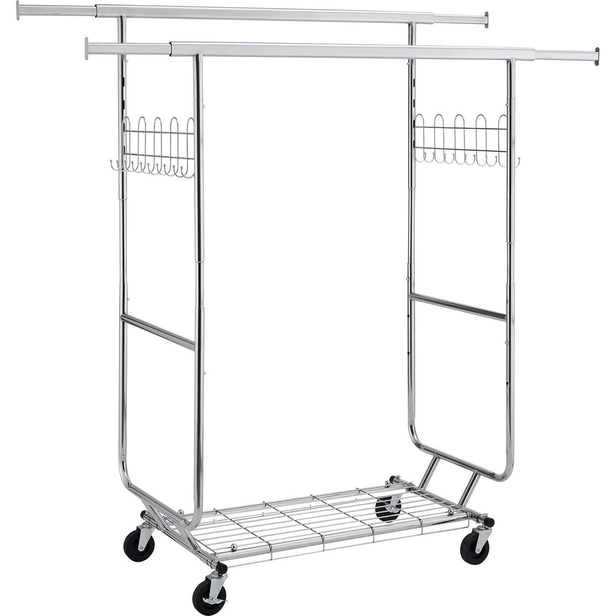 Double Clothing Garment Rack with Shelves Capacity 800lbs Clothing Racks on Wheels Rolling Clothes Rack for Hanging Clothes Heavy Duty Portable Collapsible Commercial Garment Rack