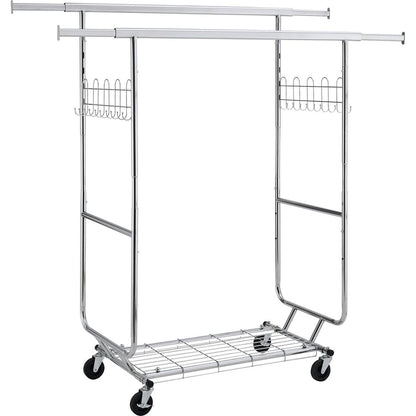 Double Clothing Garment Rack with Shelves Capacity 800lbs Clothing Racks on Wheels Rolling Clothes Rack for Hanging Clothes Heavy Duty Portable Collapsible Commercial Garment Rack