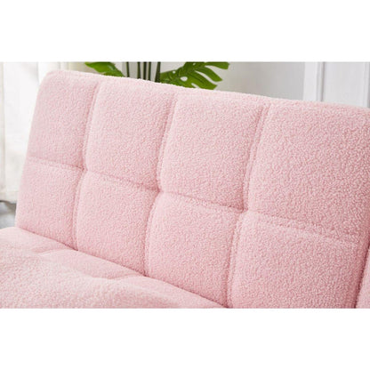 71" Convertible sofa bed futon with gold metal legs teddy fabric (Pink)