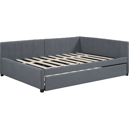 Full Size Upholstered Daybed with Trundle Sofa Bed Frame No Box Spring Needed, Linen Fabric(Gray)