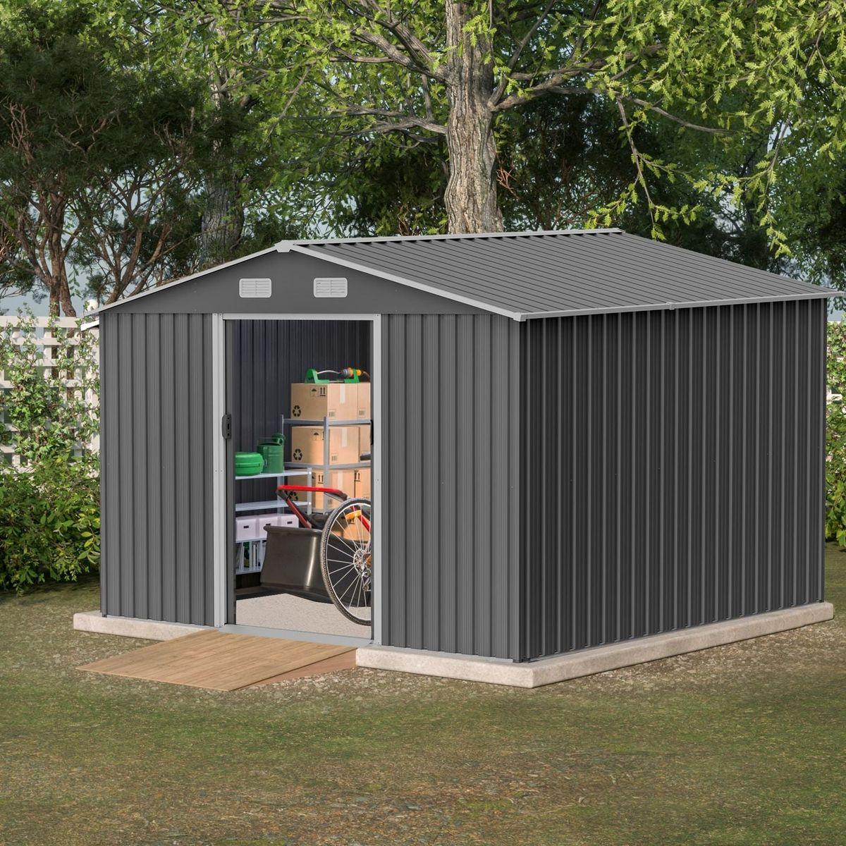10X8 FT Outdoor Storage Shed, Metal Foundation & Lockable Doors, Tool Shed for Garden, Patio, Backyard, Lawn, Grey - Streamdale Furniture