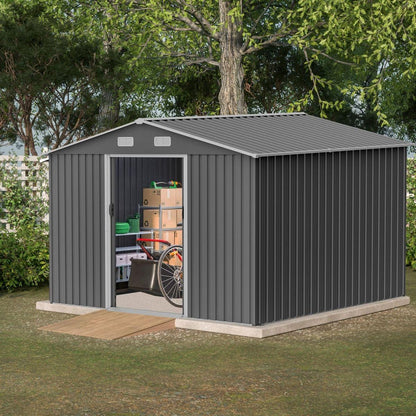 10X8 FT Outdoor Storage Shed, Metal Foundation & Lockable Doors, Tool Shed for Garden, Patio, Backyard, Lawn, Grey - Streamdale Furniture
