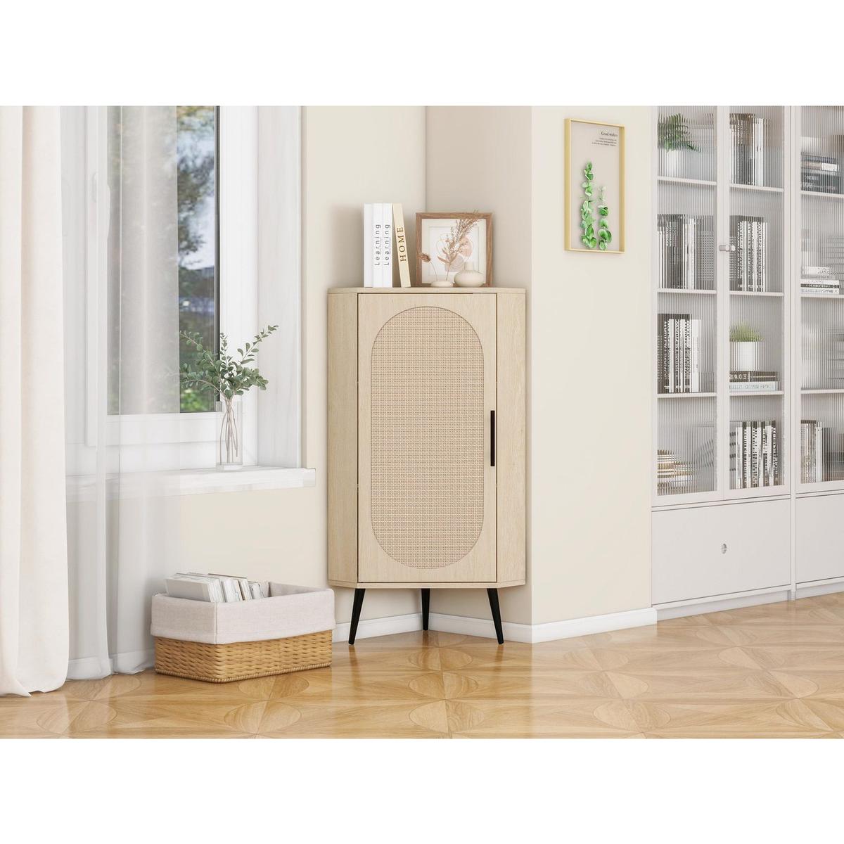 Corner cabinet, Rattan door,Freestanding Corner Tables For Small Spaces, Corner Shelf Stand For Living Room, Kitchen, Bathroom, Bedroom