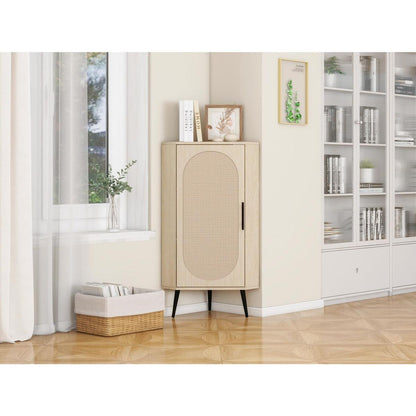 Corner cabinet, Rattan door,Freestanding Corner Tables For Small Spaces, Corner Shelf Stand For Living Room, Kitchen, Bathroom, Bedroom