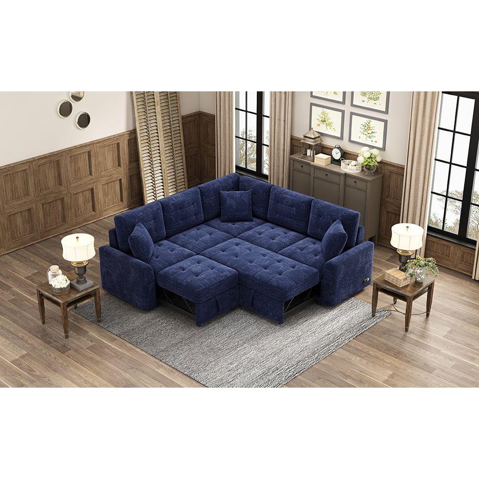 82.6" L-shape Sofa Bed Pull-out Sleeper Sofa with Wheels, USB Ports, Power Sockets for Living Room, Navy Blue