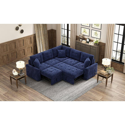 82.6" L-shape Sofa Bed Pull-out Sleeper Sofa with Wheels, USB Ports, Power Sockets for Living Room, Navy Blue