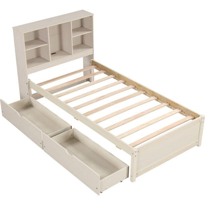 Modern Twin Size Bed Frame With Built-in USB Port on Bookcase Headboard and 2 Drawers for White Washed Color