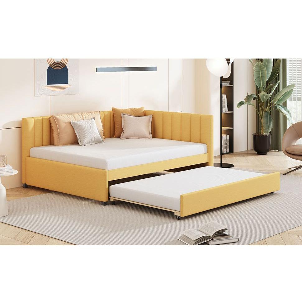 Full Size Upholstered Daybed with Trundle Sofa Bed Frame No Box Spring Needed, Linen Fabric(Yellow)