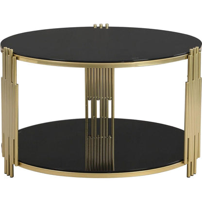 Modern Black Mirror Coffee Table, Asymmetrical Metal, Circular Metal Drum Base, Gold Finish & Lower Shelf