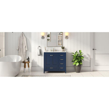 36" Bathroom Vanity with Sink Combo Set, Modern Bathroom Cabinet with 4 Drawers, Freestanding Wood Bathroom Vanity Set with Solid Wood Feet, Blue