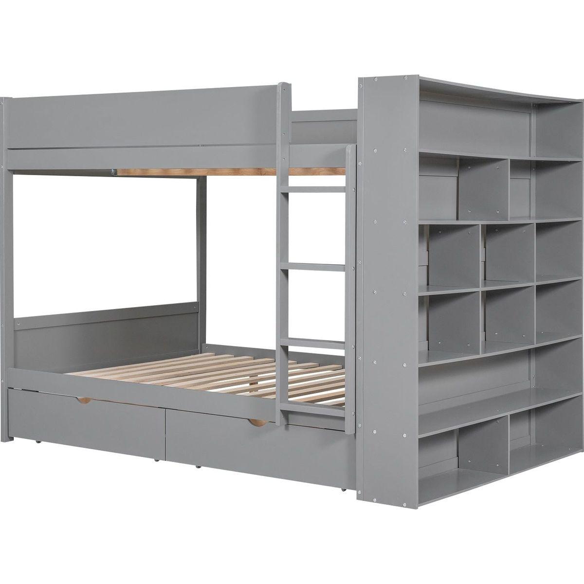 Full over Full Bunk Bed With 2 Drawers and Multi-layer Cabinet, Gray