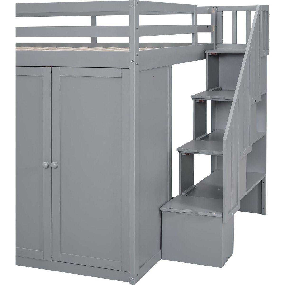 Full Size Wood Loft Bed With Built-in Wardrobes, Cabinets and Drawers, Gray