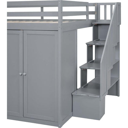 Full Size Wood Loft Bed With Built-in Wardrobes, Cabinets and Drawers, Gray