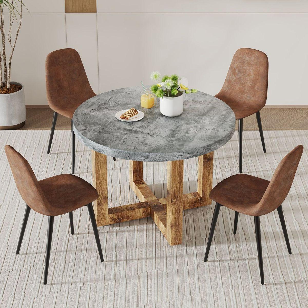 A modern and practical circular dining table. Made of MDF tabletop and wooden MDF table legs. A set of 4 brown cushioned chairs.