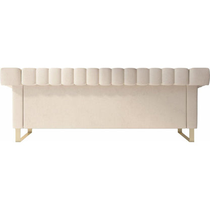 SOFA Modern Cream Velvet Sofa with Gold Accents - Sleek Channel-Tufted Upholstery, 3-Seat Couch for Living Room and Office Decor