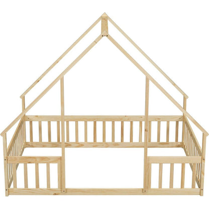 Full Wood House-Shaped Floor Bed with Fence, Guardrails,Natural