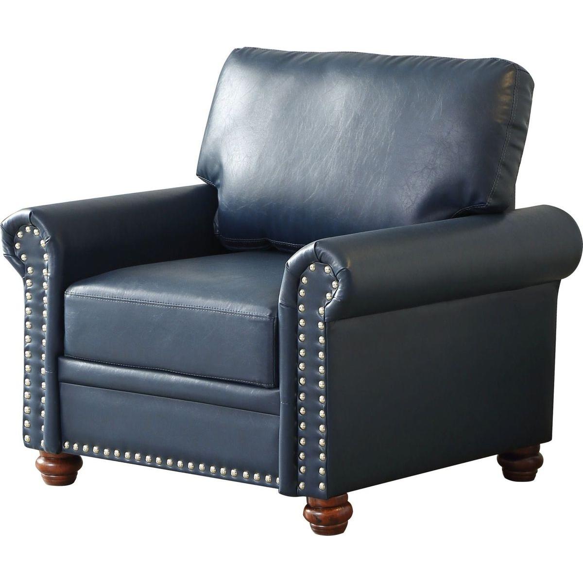 Living Room Sofa Single Seat Chair with Wood Leg Navy Blue Faux Leather