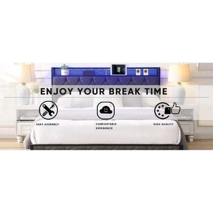 Full Bed Frame with Storage Headboard, Charging Station and LED Lights, Upholstered Platform Bed with Heavy Metal Slats, No Box Spring Needed, Noise Free, Easy Assembly, Dark Gray