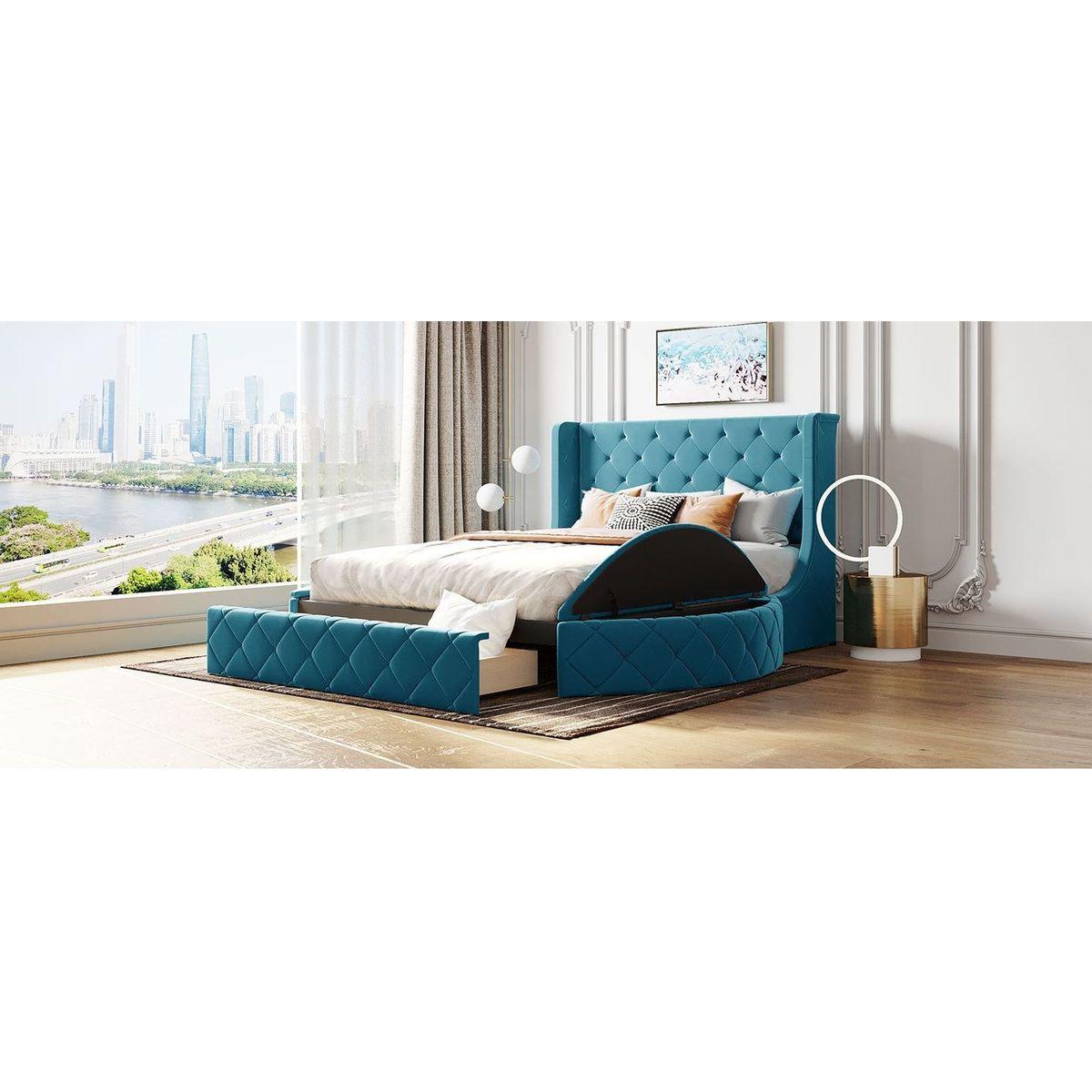 Upholstered Platform Bed Queen Size Storage Velvet Bed with Wingback Headboard and 1 Big Drawer,2 Side Storage Stool(Blue)