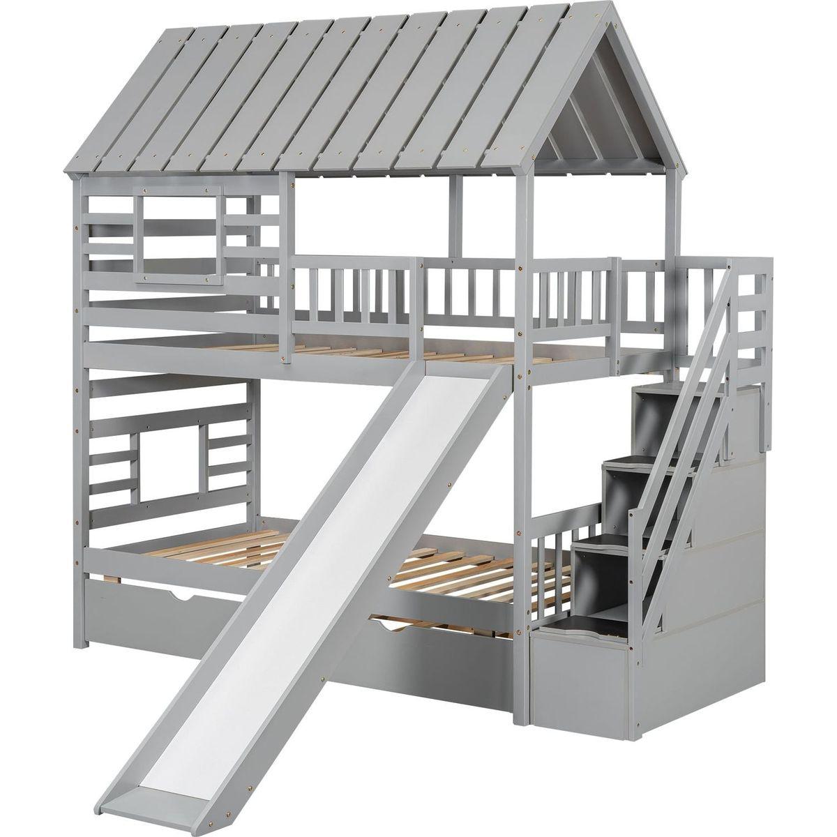 Twin over Twin House Bunk Bed with Trundle and Slide, Storage Staircase, Roof and Window Design, Gray
