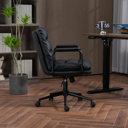 Office Chair,Mid Back Home Office Desk Task Chair with Wheels and Arms Ergonomic PU Leather Computer Rolling Swivel Chair with Padded Armrest,The back of the chair can recline 40 (Black)