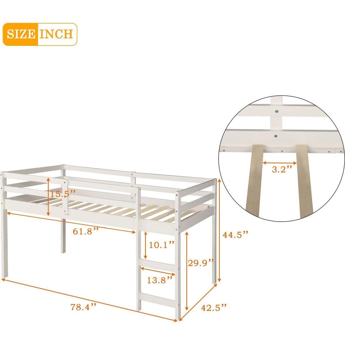 Low Study Twin Loft Bed with Cabinet and Rolling Portable Desk - White