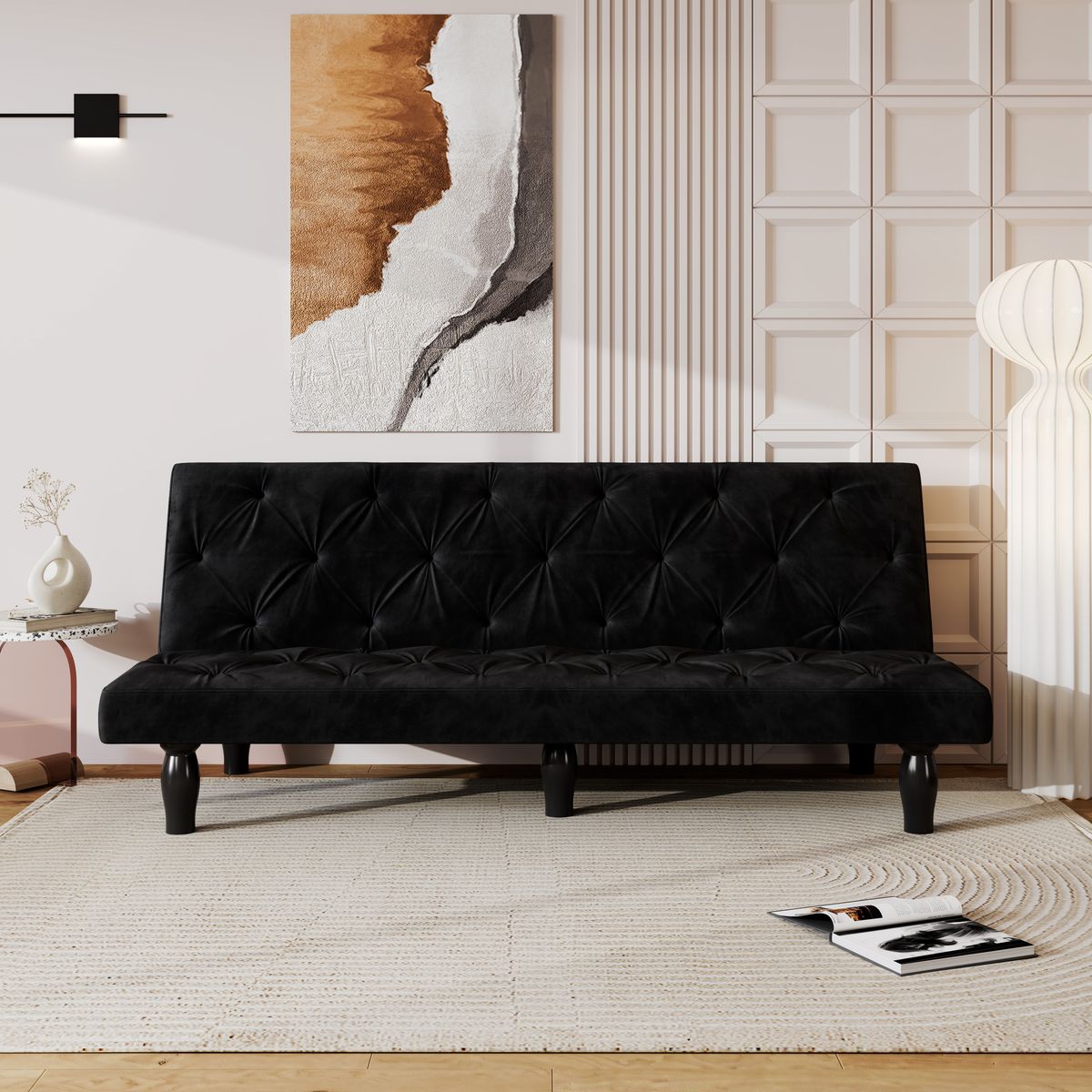 Sofa-to-Bed Evolution: 66' Black Velvet Sofa Bed Transforms Seamlessly, Ideal for Family Living Rooms, Apartments, and Bedrooms