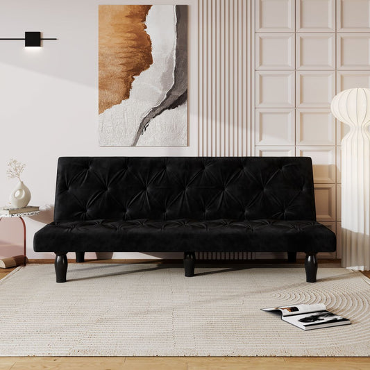 Sofa-to-Bed Evolution: 66' Black Velvet Sofa Bed Transforms Seamlessly, Ideal for Family Living Rooms, Apartments, and Bedrooms