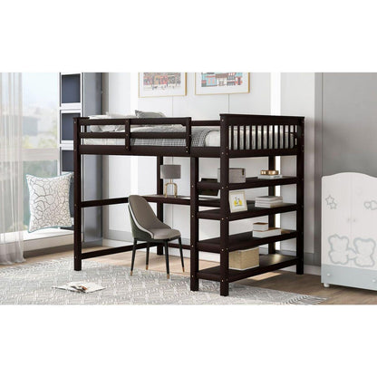 Full Size Loft Bed with Storage Shelves and Under-bed Desk, Espresso