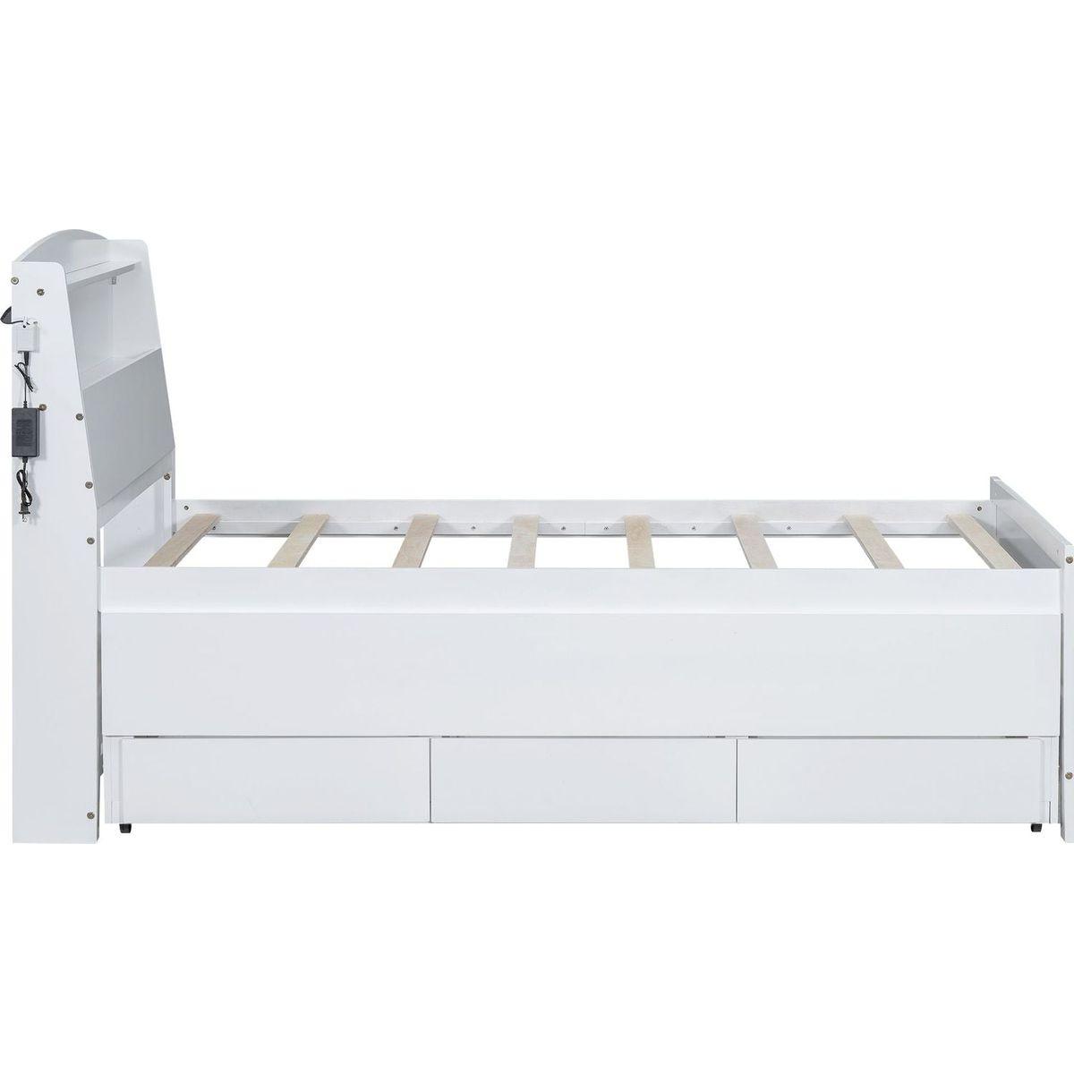 Twin Size Platform Bed with Storage LED Headboard, Twin Size Trundle and 3 Drawers, White