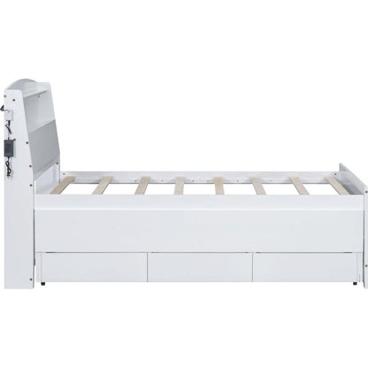 Twin Size Platform Bed with Storage LED Headboard, Twin Size Trundle and 3 Drawers, White