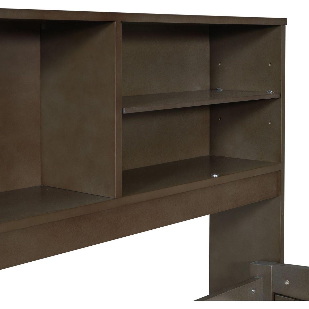 Full Size Wood Daybed with 2 Bedside Cabinets, Upper Shelves and 4 Drawers, Antique Brown