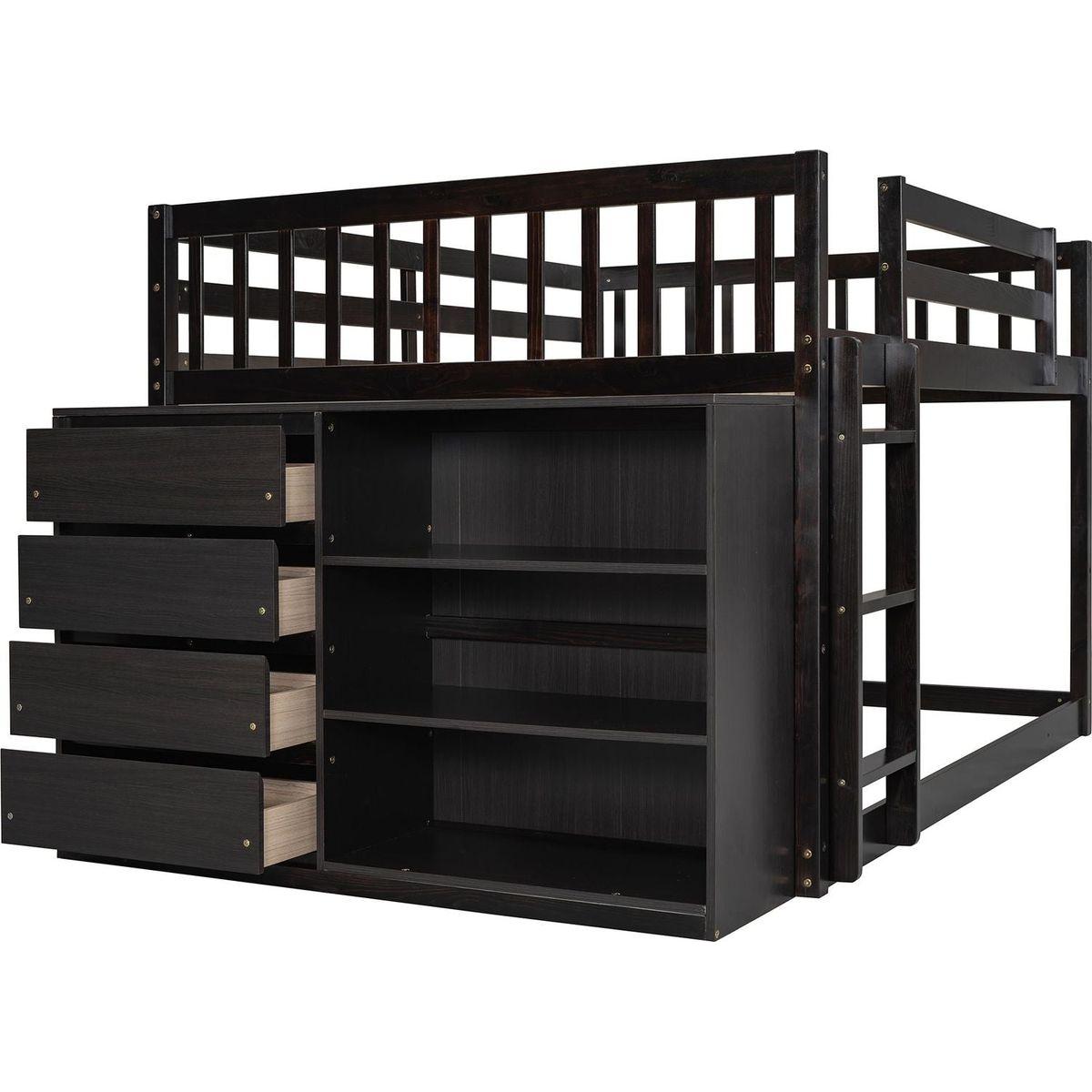Full over Full Bunk Bed with 4 Drawers and 3 Shelves-Espresso