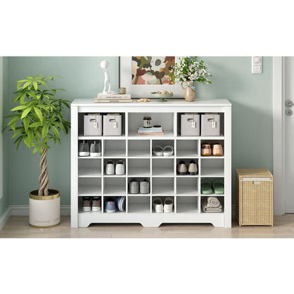 Sleek Design 24 Shoe Cubby Console, Modern Shoe Cabinet with Curved Base, Versatile Sideboard with High-quality for Hallway, Bedroom, Living Room, White