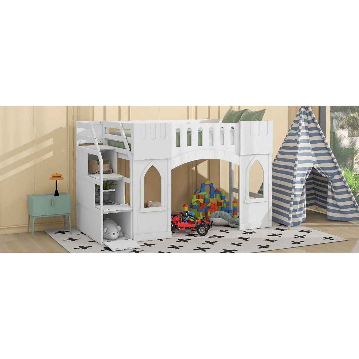 Twin Size Loft Bed with Storage Staircase and Window, White