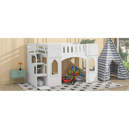 Twin Size Loft Bed with Storage Staircase and Window, White