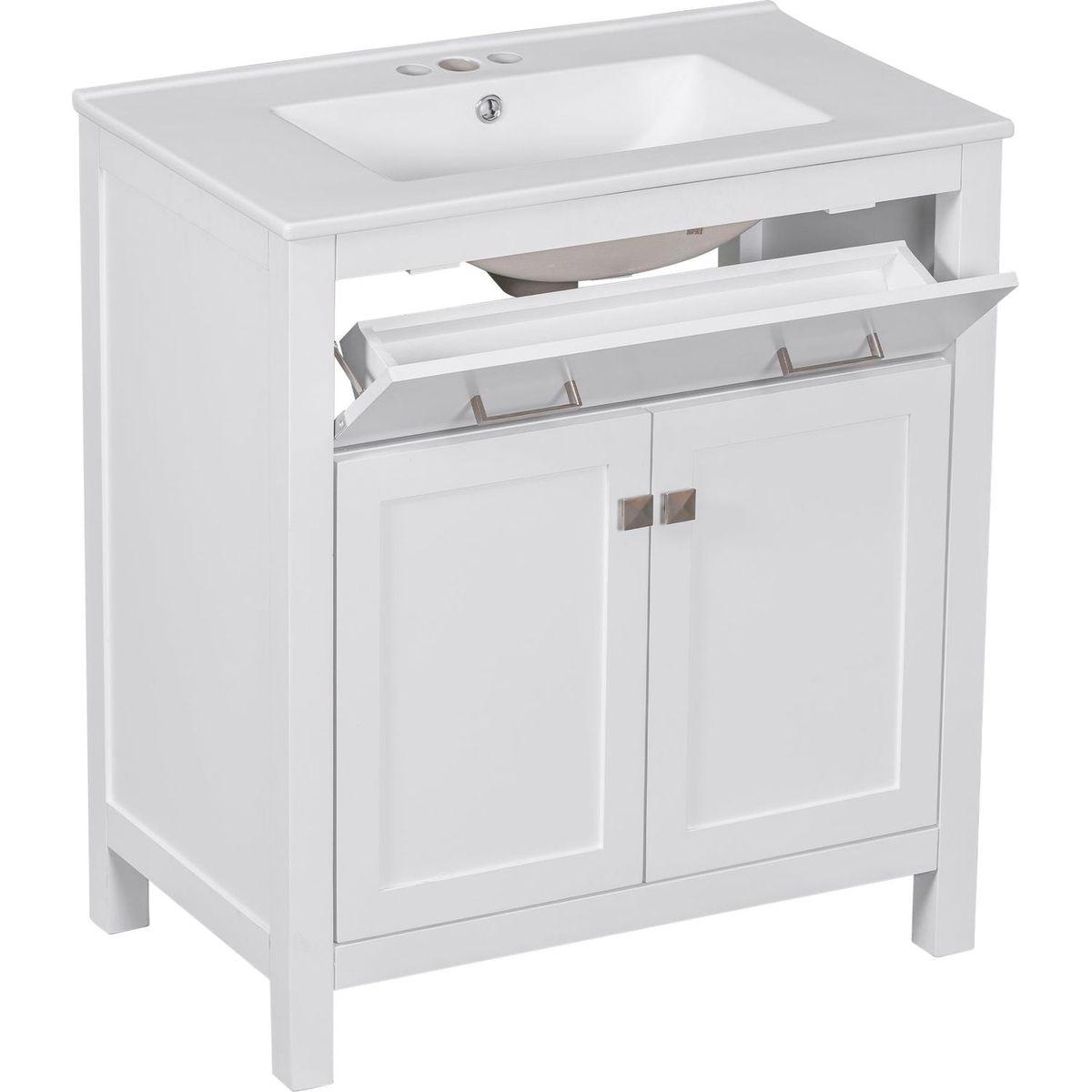 30-inch Bathroom Vanity with Ceramic Sink, Modern White Single Bathroom Cabinet with 2 Doors and a Shelf, Soft Close Doors