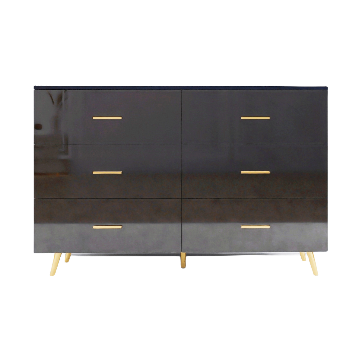 High Glossy Surface 6 Drawers Chest of Drawer with Golden Handle and Golden Steel Legs Black Color Vanity