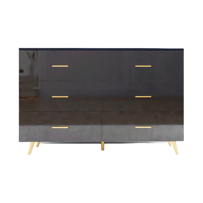 High Glossy Surface 6 Drawers Chest of Drawer with Golden Handle and Golden Steel Legs Black Color Vanity