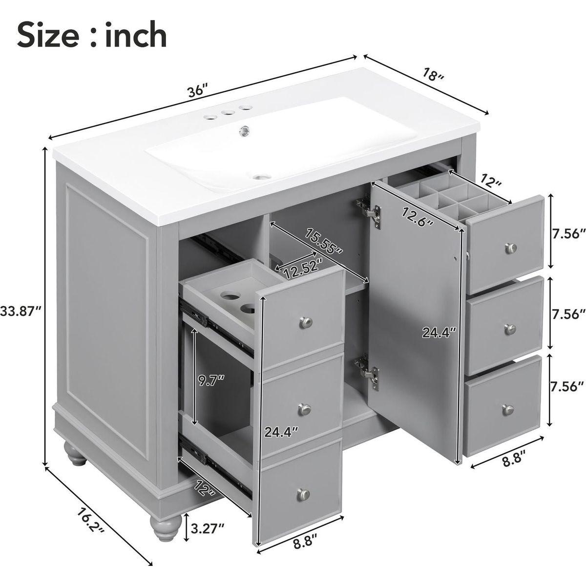 Contemporary Gray Bathroom Vanity Cabinet - 36x18x34 inches, 4 Drawers & 1 Cabinet Door, Multipurpose Storage, Resin Integrated Sink, Adjustable Shelves, Solid Wood Frame with MDF